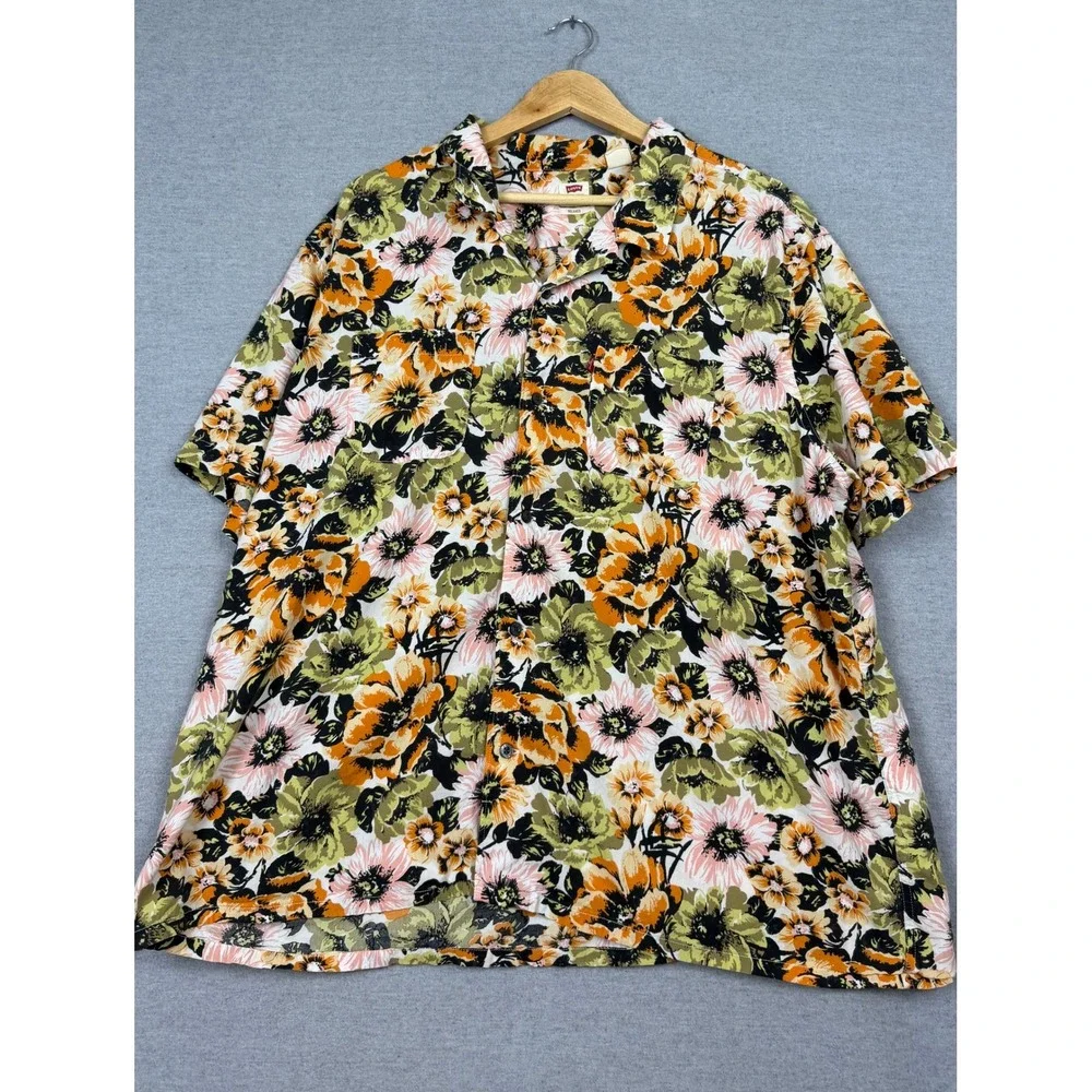 Levis Mens XXL Relaxed Fit Floral Button Up Shirt Orange Olive Short sleeve